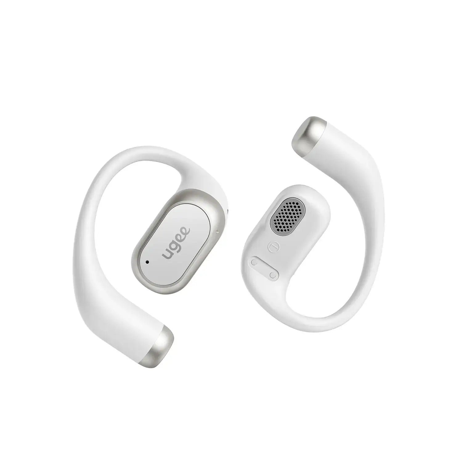 Pair of white Fresound Inspiration open earbuds, showing the sleek design and ergonomic ear hook