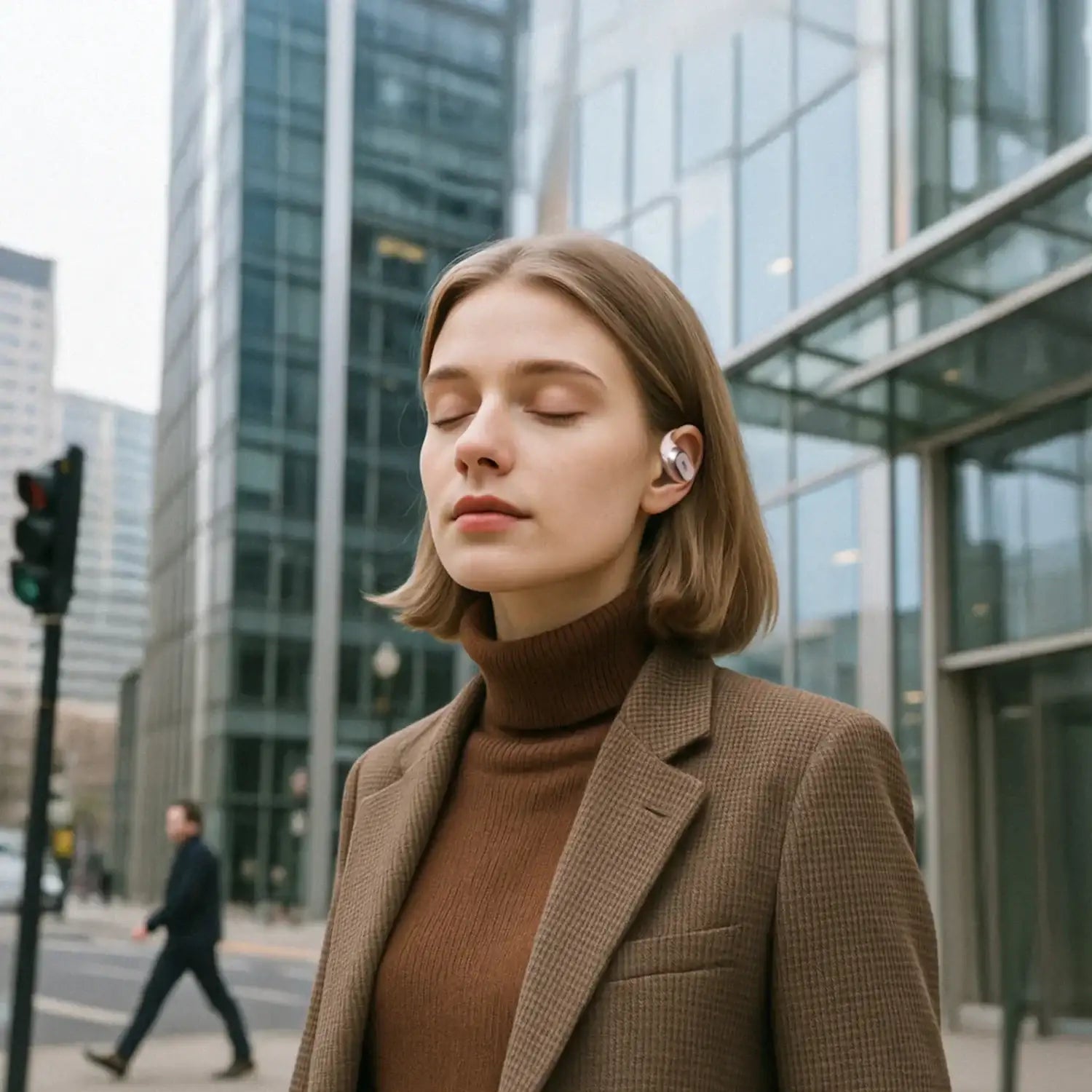 Woman walking in a city street wearing Fresound Inspiration open earbuds, showcasing comfort and transparency audio for daily use.